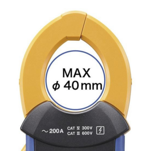 Clamp meter with 40mm jaw capacity for AC current measurement.