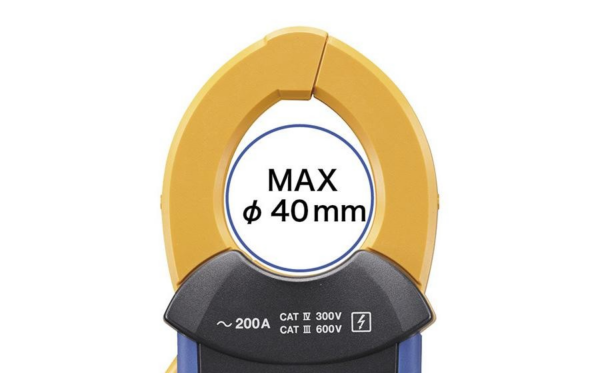 Clamp meter with 40mm jaw capacity for AC current measurement.