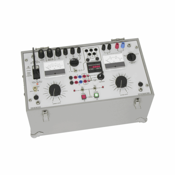 Portable electrical control panel with gauges, knobs, and output terminals