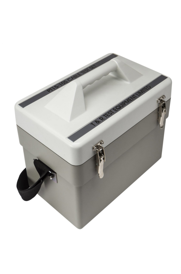 Gray and white toolbox with a handle and metal latches.