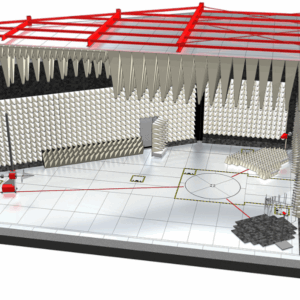 3D rendering of an anechoic chamber with acoustic foam and testing equipment.