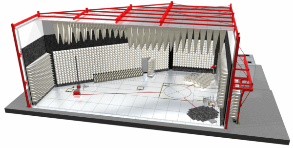 3D rendering of an anechoic chamber with acoustic foam and testing equipment.