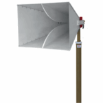 Horn loudspeaker mounted on a pole.