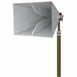 Horn loudspeaker mounted on a pole.