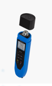 Blue digital device with buttons and display, cap removed, on white background.