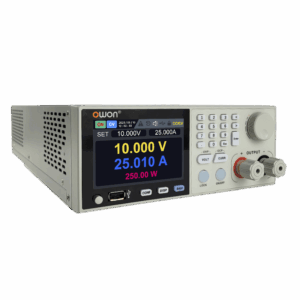 Owon power supply with digital display for voltage, current, and power settings.