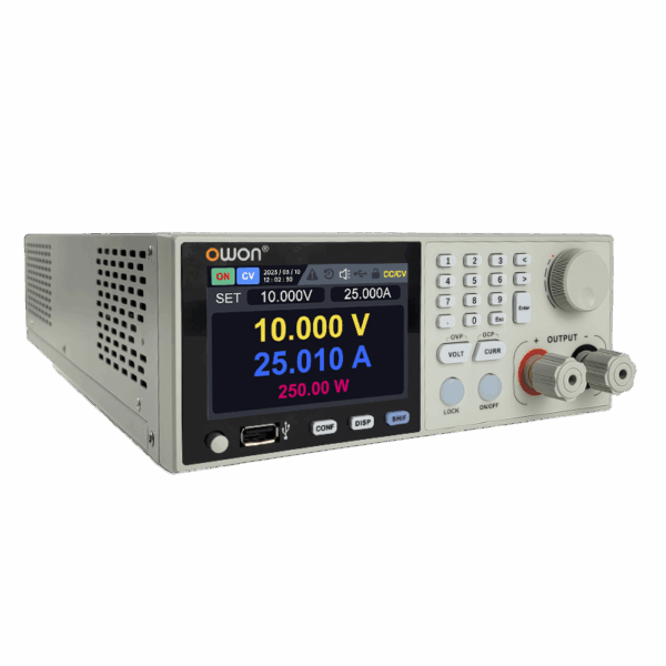 Owon power supply with digital display for voltage, current, and power settings.