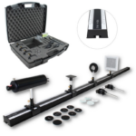 Advanced optical bench kit with black rail, lenses, mounts, and protective carry case.