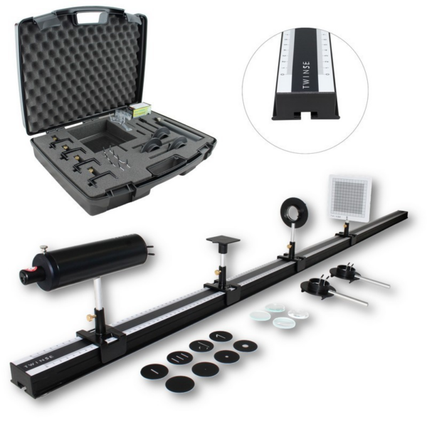 wp-image832.png Advanced optical bench kit with black rail, lenses, mounts, and protective carry case.