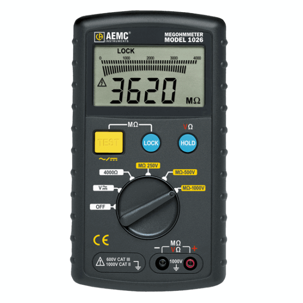 AEMC Model 1026 megohmmeter displaying a resistance measurement of 3620 megaohms.