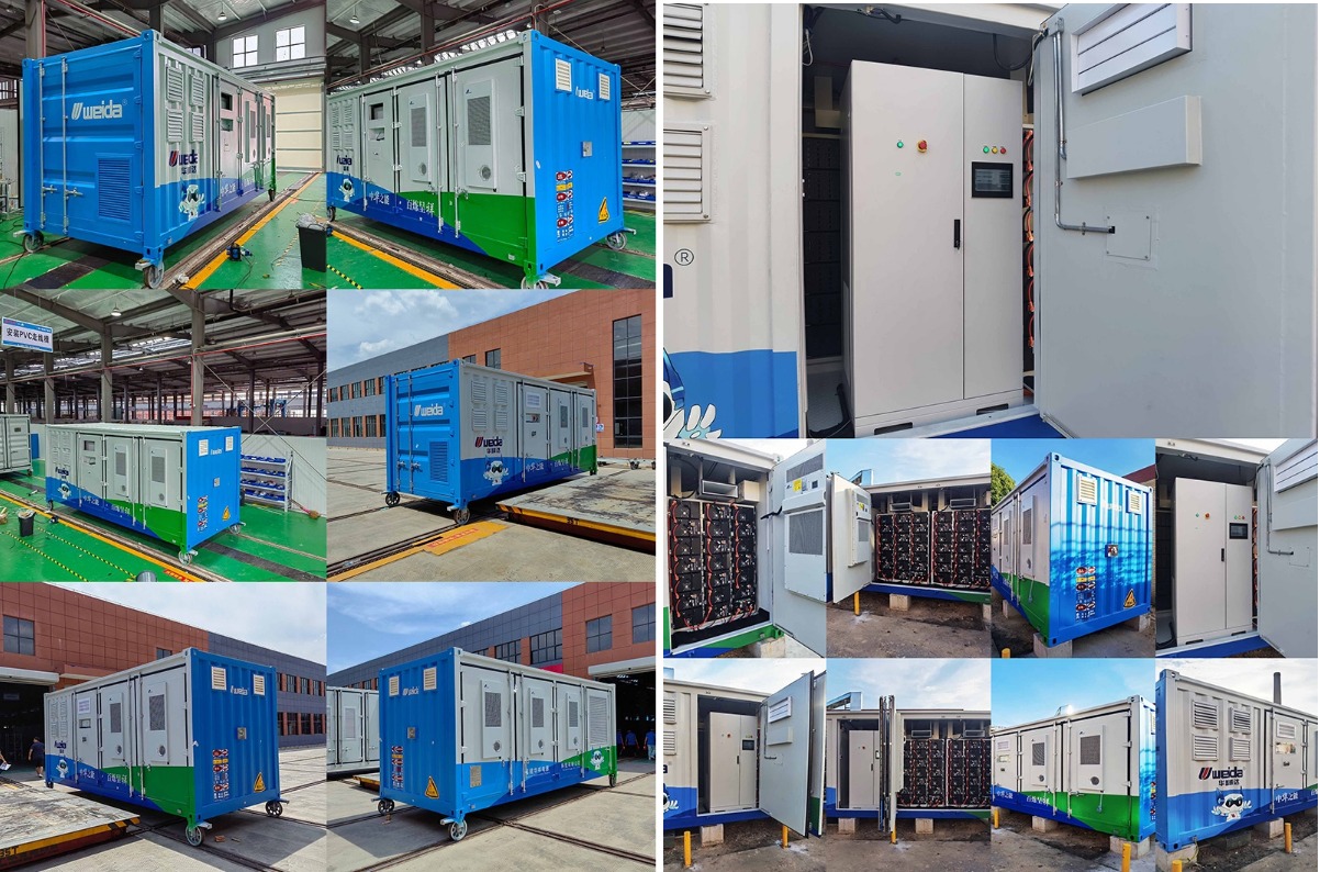 Energy storage systems with modular containers, featuring battery units and control panels.