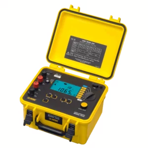 Portable yellow digital insulation resistance tester with display screen and test lead ports.