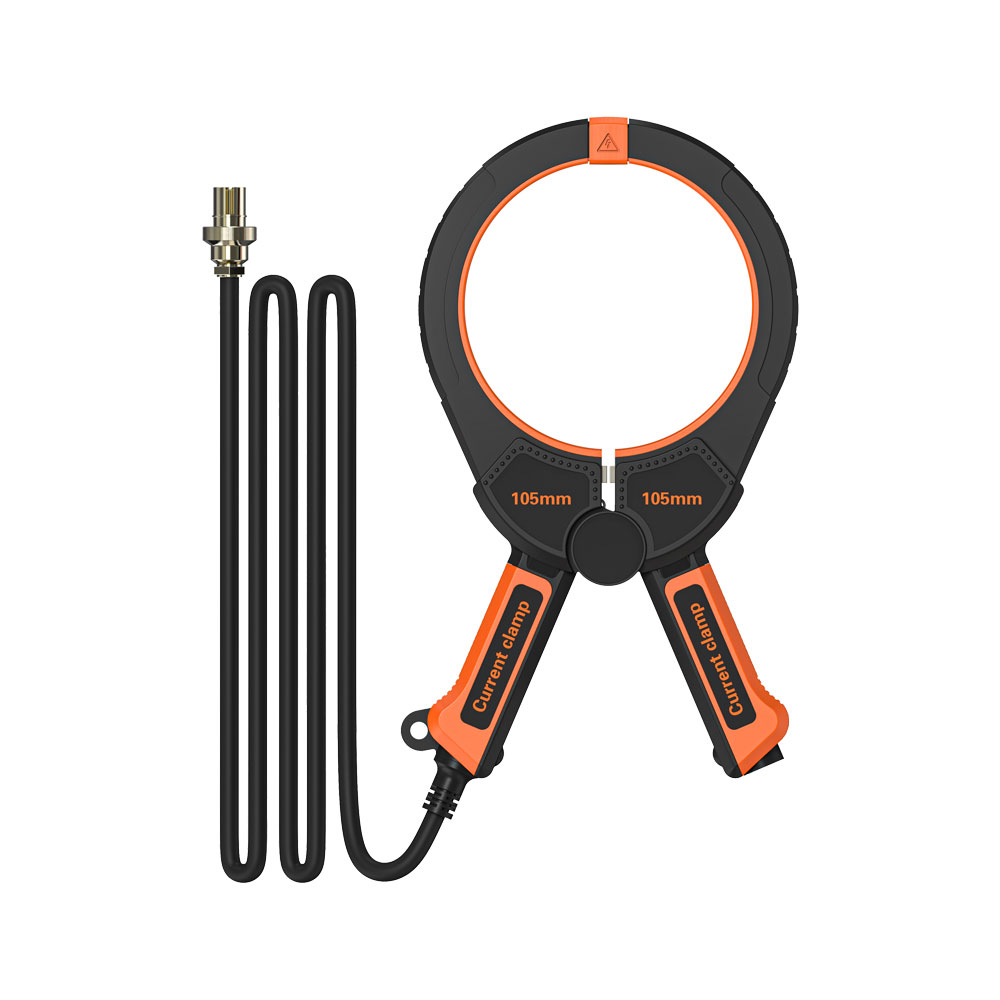 AC clamp current transformer with flexible cables and orange grip handles.