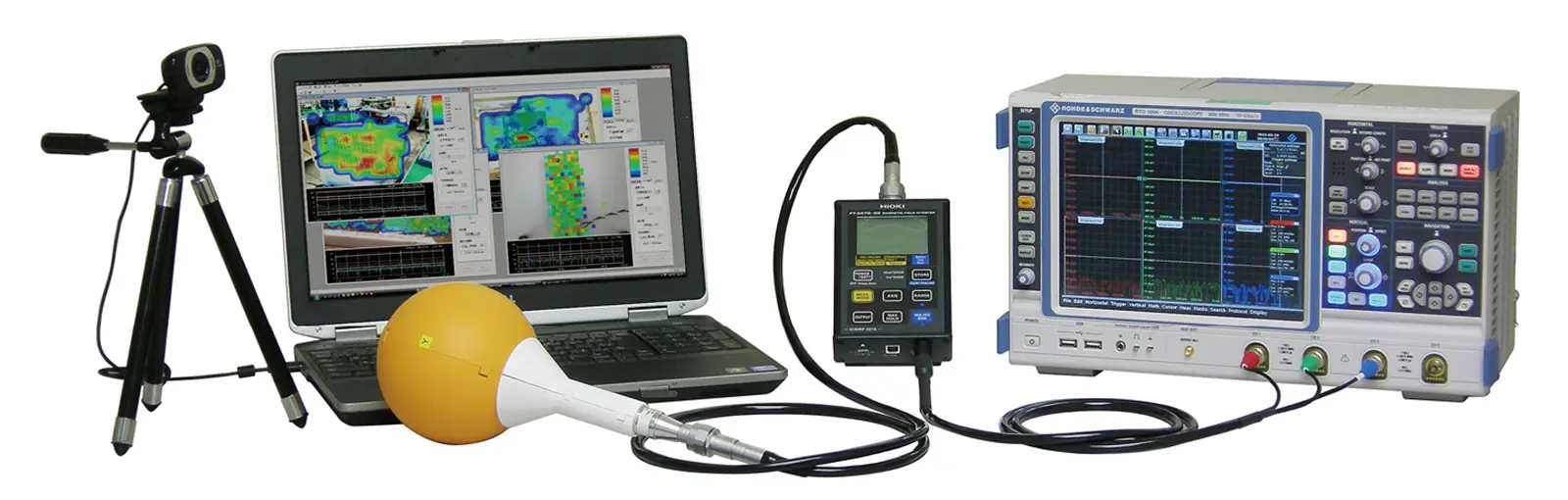 Hioki spatial magnetic field visualization system connected to laptop and sensors.
