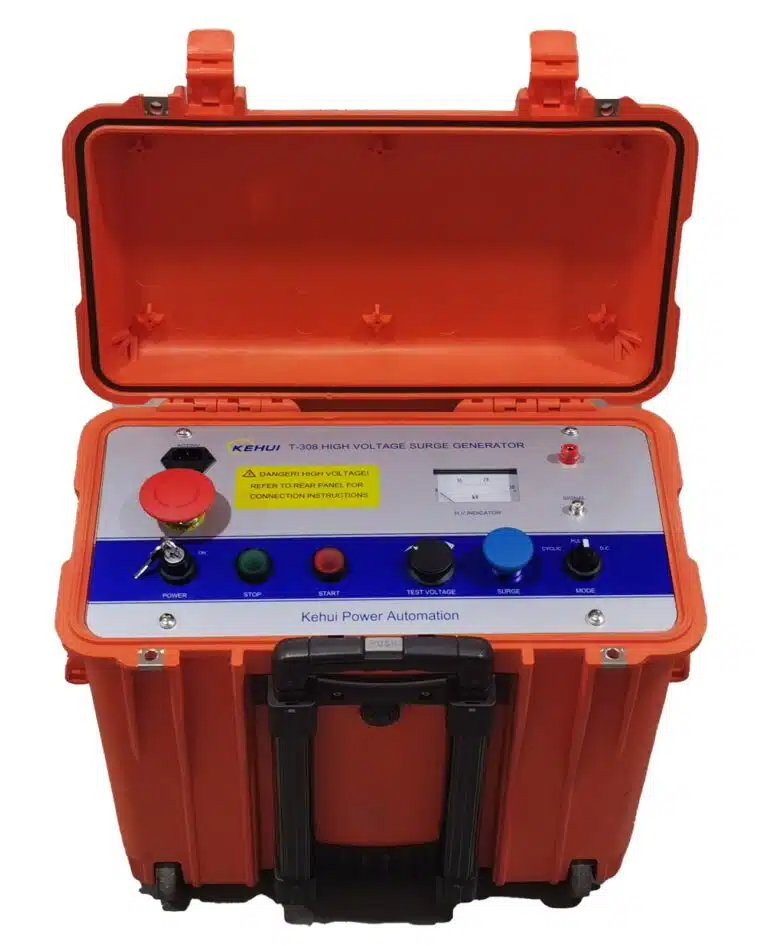 Orange portable high-voltage surge generator with control panel and open lid